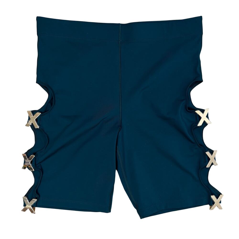 Savage X Fenty Teal Cut Out Bike Shorts with Gold “X” Hardware – Size L